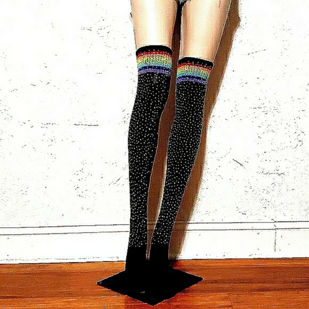 ●LAST PAIR● NWT, FACTORY SEALED. Black🌈Rhinestone Embellished Thigh High Socks